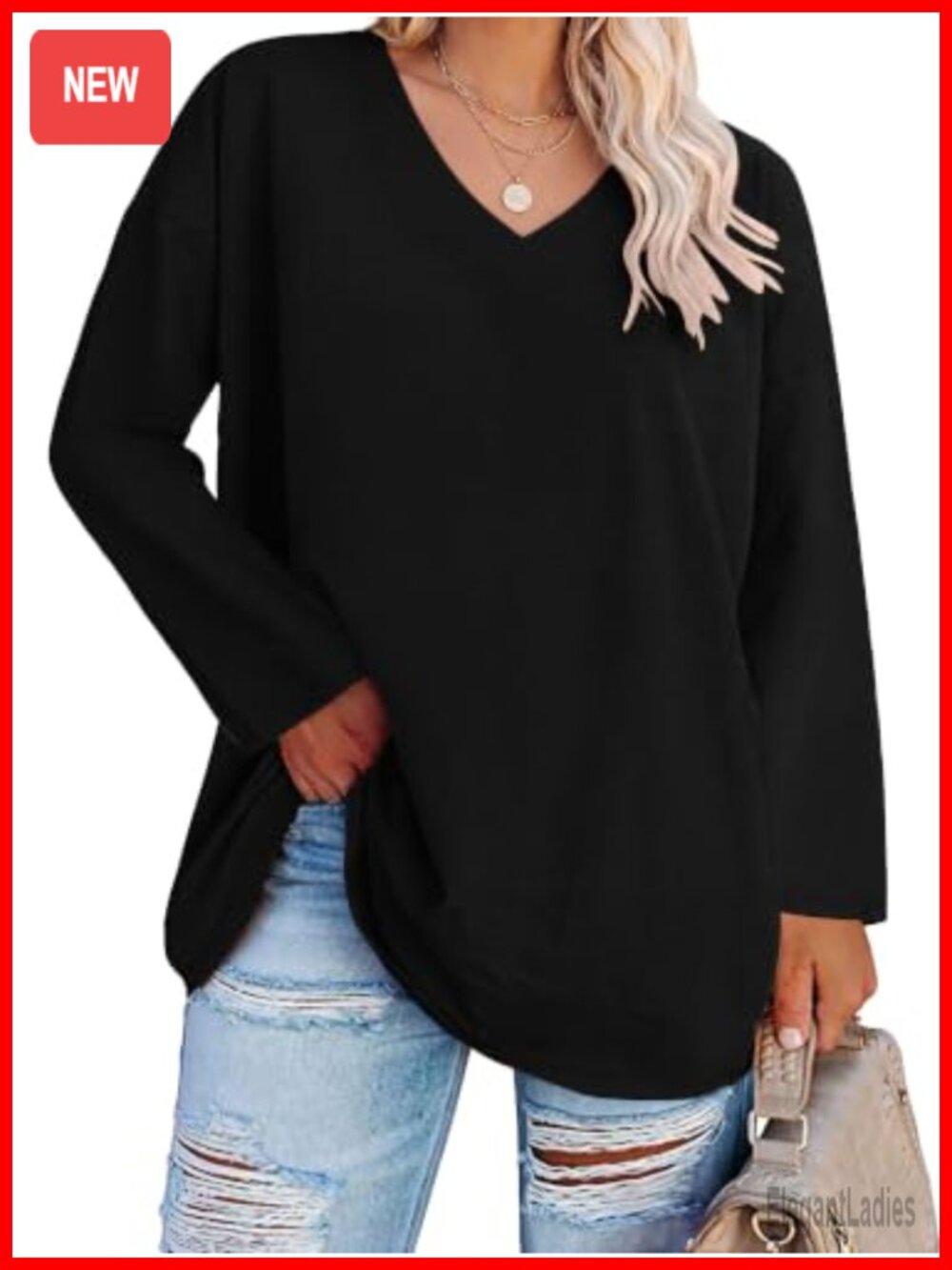 Womens Plus Size Oversized Long Sleeve V Neck T Shirt Casual Basic Tee